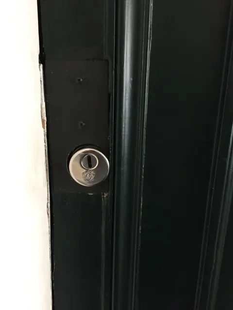 Cylindre de sécurité et sa rosace de protection sur une porte d'entrée vert foncé