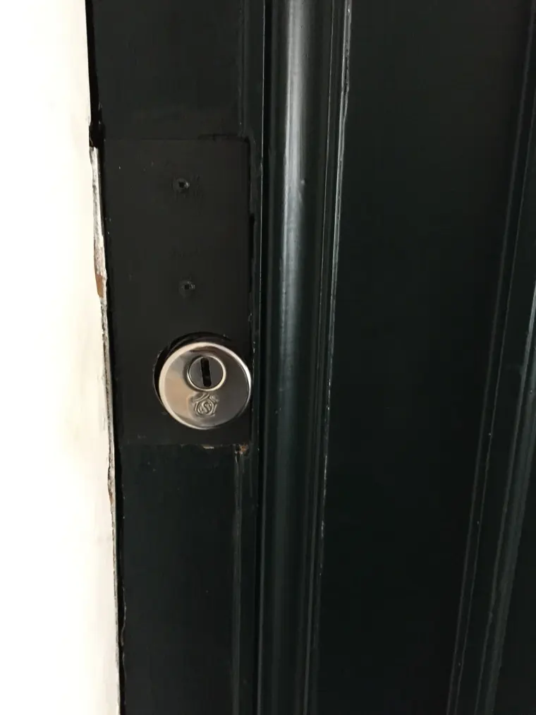 Cylindre de sécurité et sa rosace de protection sur une porte d'entrée vert foncé